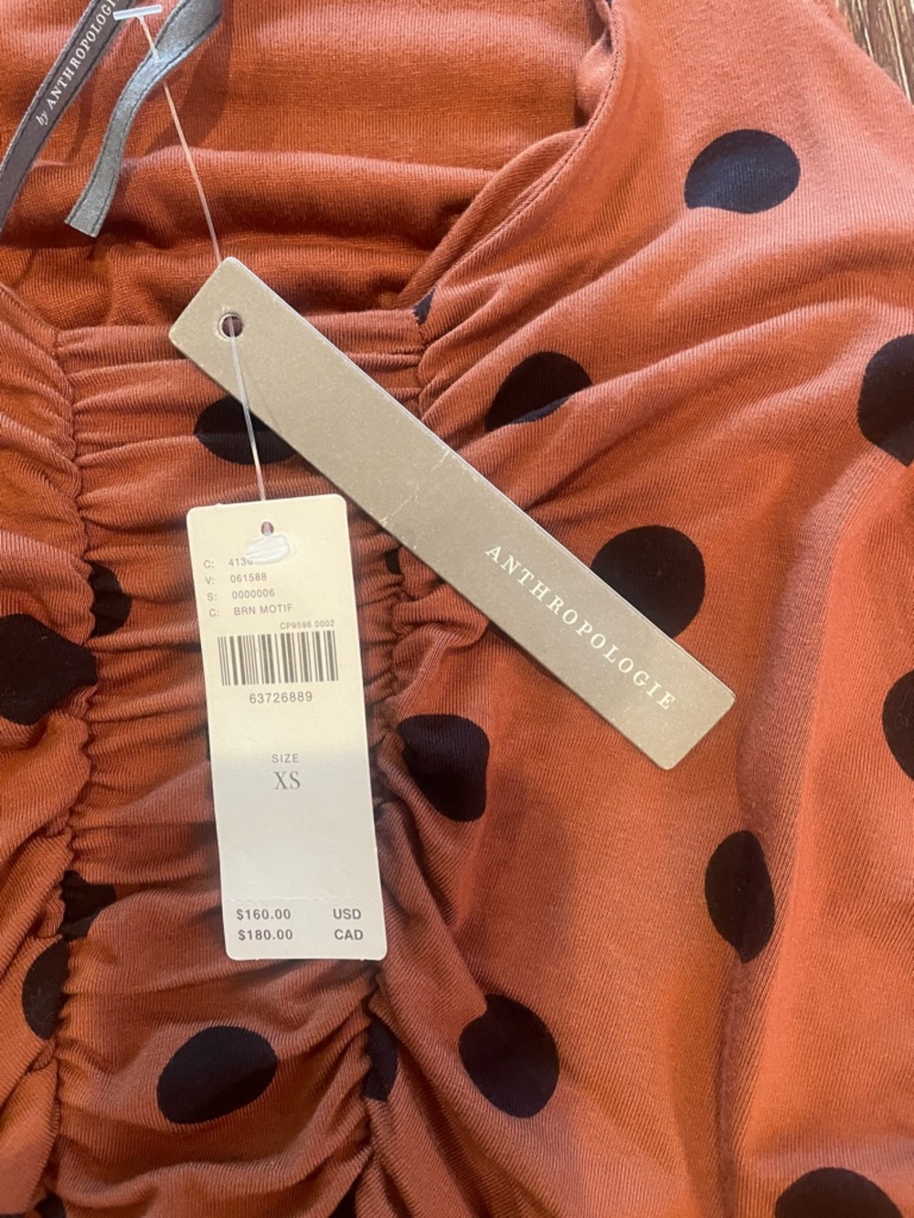 NWT Anthropologie Polka Dot Ruched Midi Dress, Size XS - Picture 7 of 12